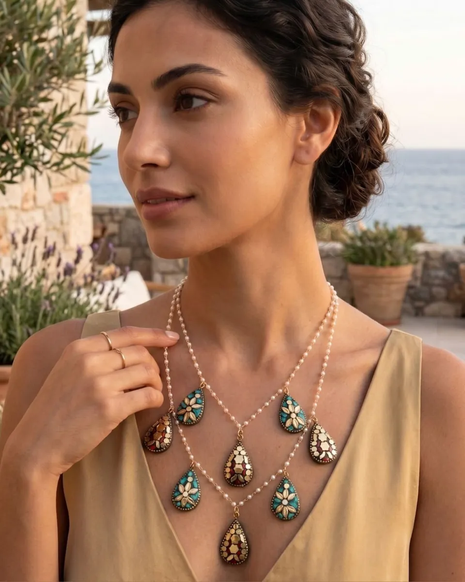 Bohemian 2-Layered Teardrop Mosaic Pearl Statement Necklace for Women
