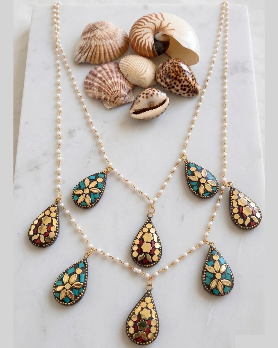 Bohemian 2-Layered Teardrop Mosaic Pearl Statement Necklace for Women