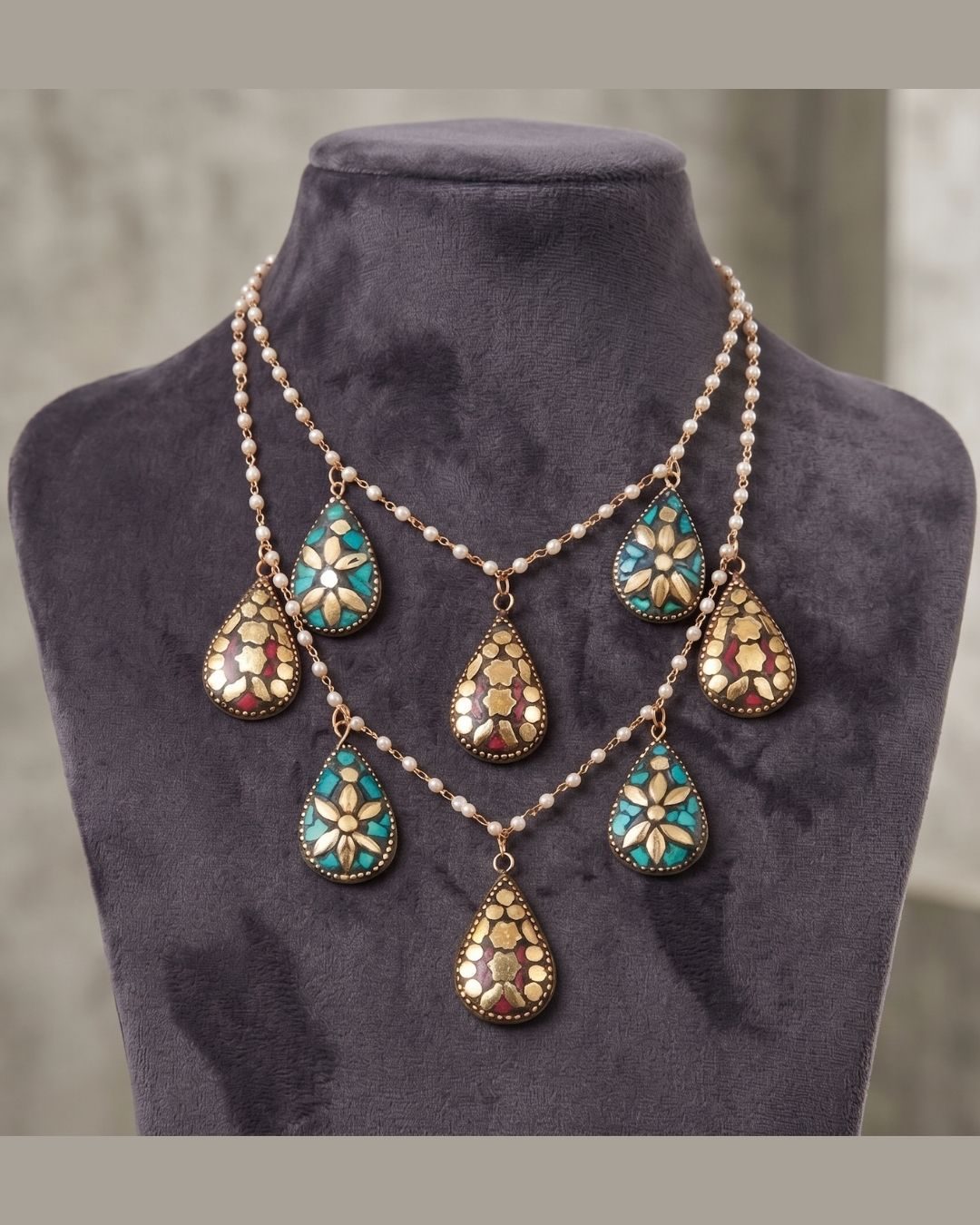 Bohemian 2-Layered Teardrop Mosaic Pearl Statement Necklace for Women