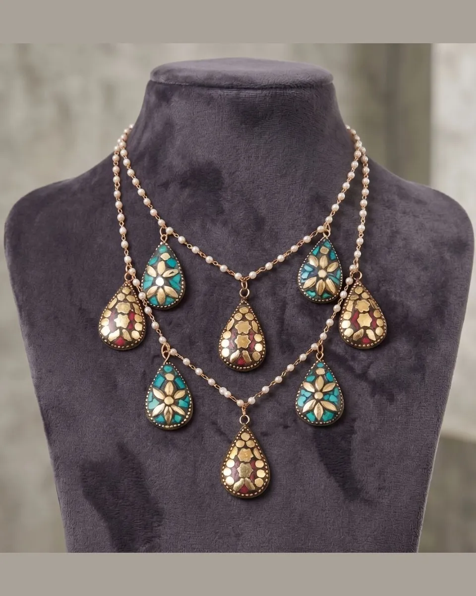 Bohemian 2-Layered Teardrop Mosaic Pearl Statement Necklace for Women