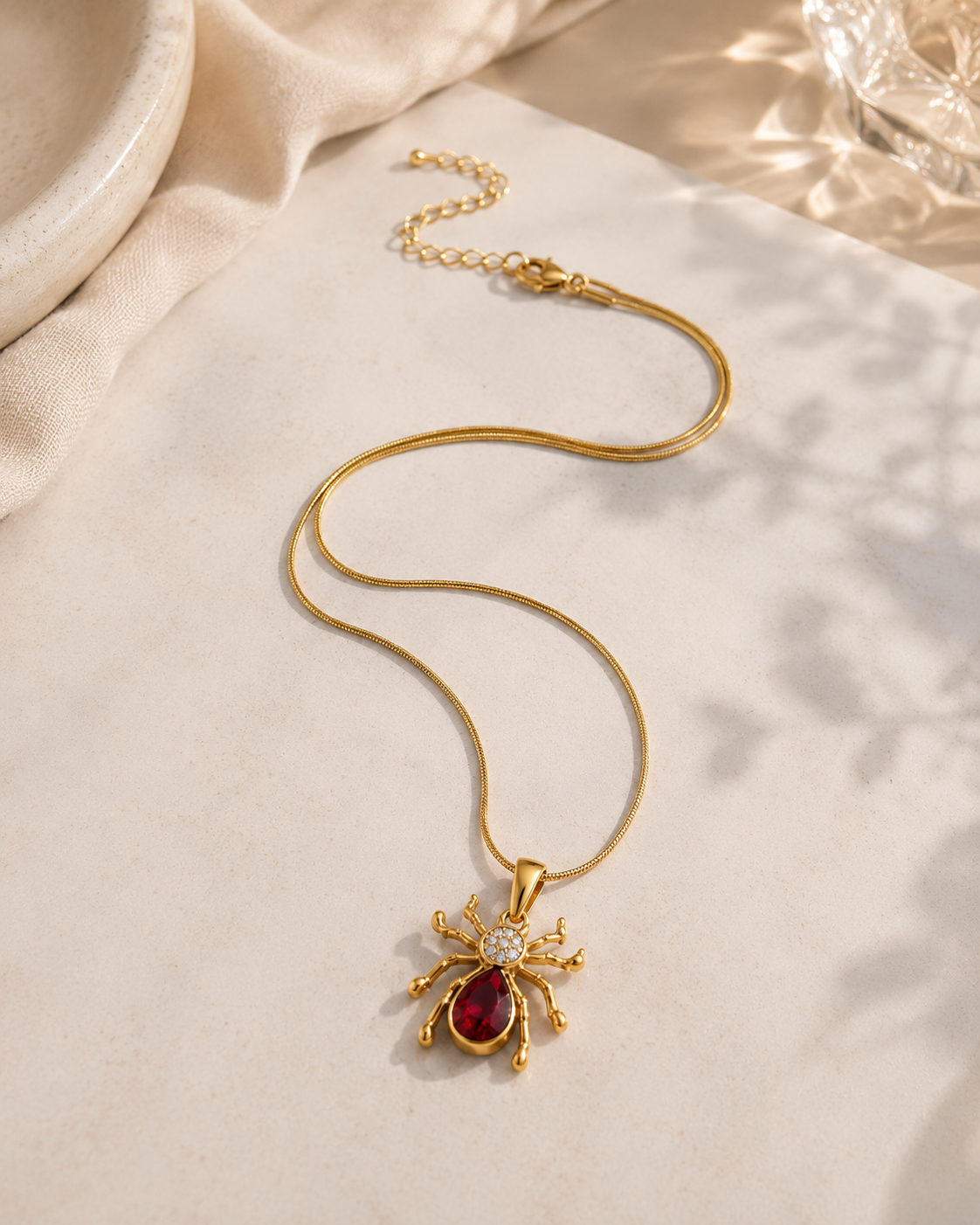 Femme Fatale Ruby Spider Snake Chain Necklace – 18K Gold PVD Plated 304 Stainless Steel with Red Zircon