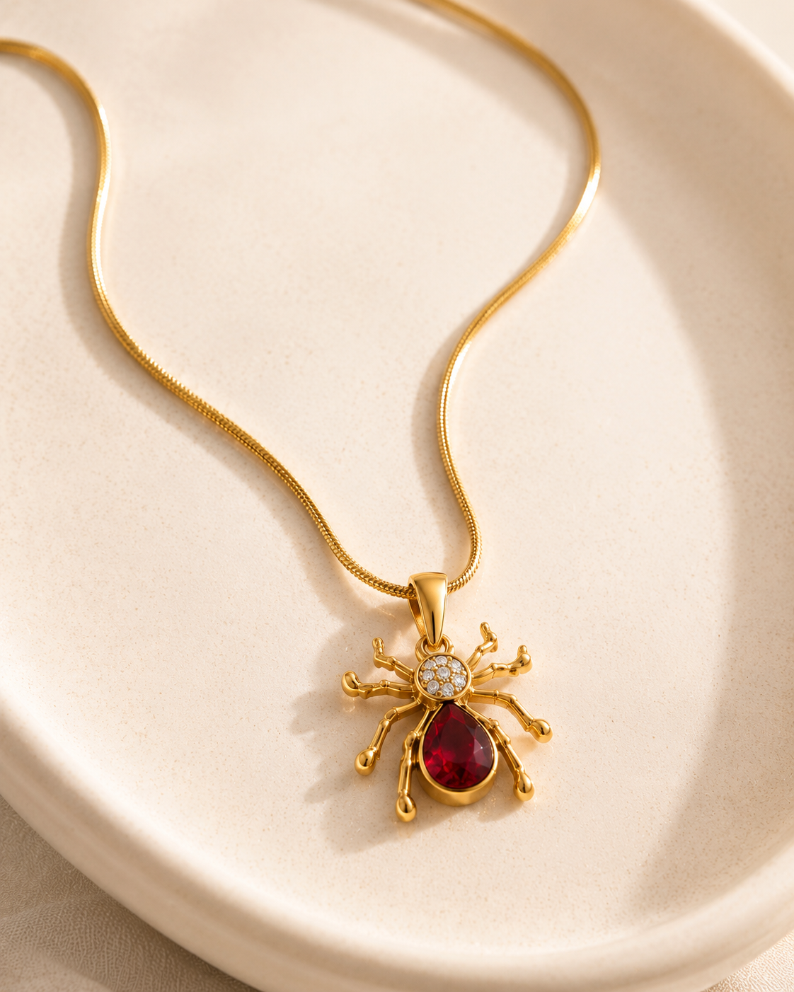 Femme Fatale Ruby Spider Snake Chain Necklace – 18K Gold PVD Plated 304 Stainless Steel with Red Zircon