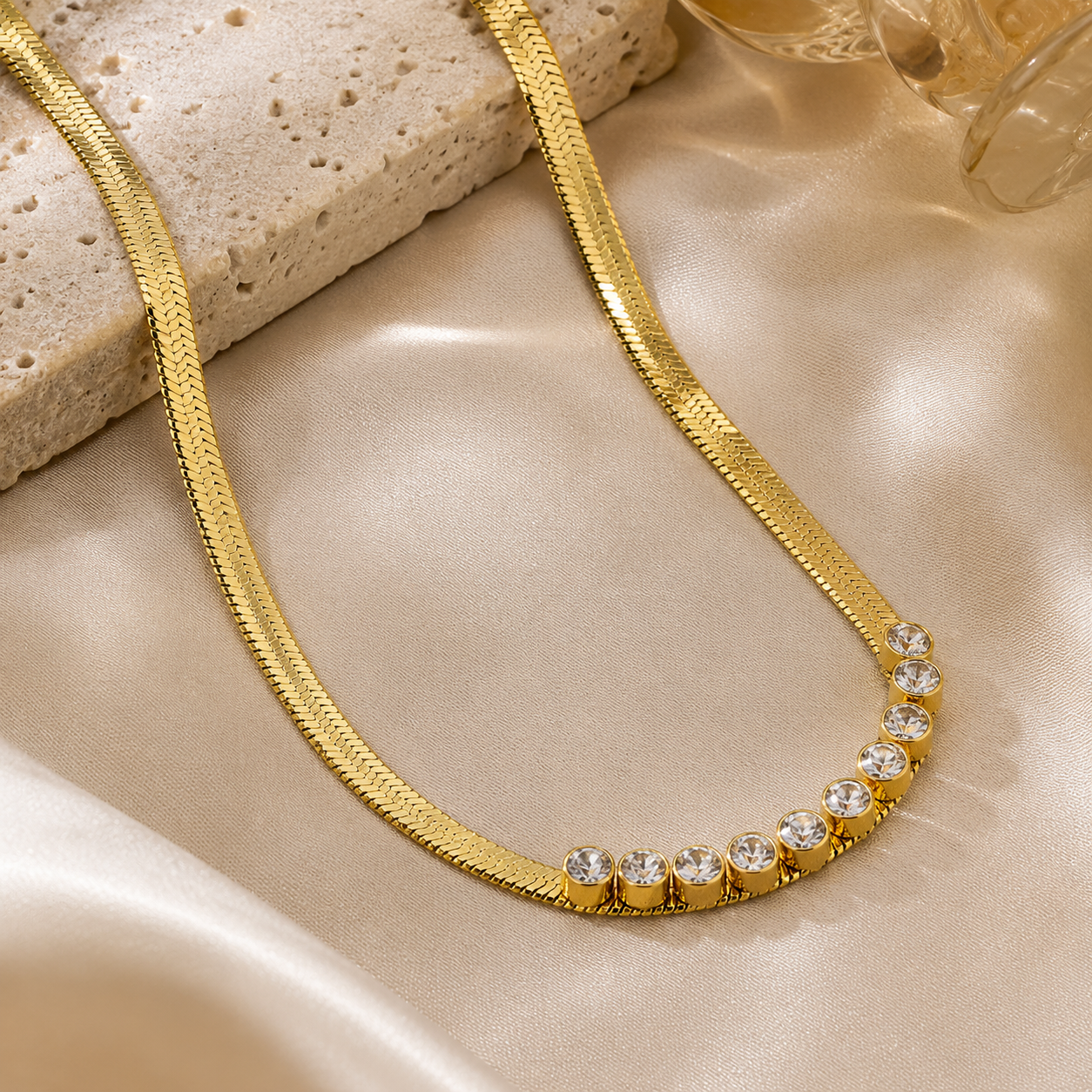Quiet Luxury Crystal Row Herringbone Chain Necklace – 18K Gold Plated Titanium Steel with Rhinestone Inlay