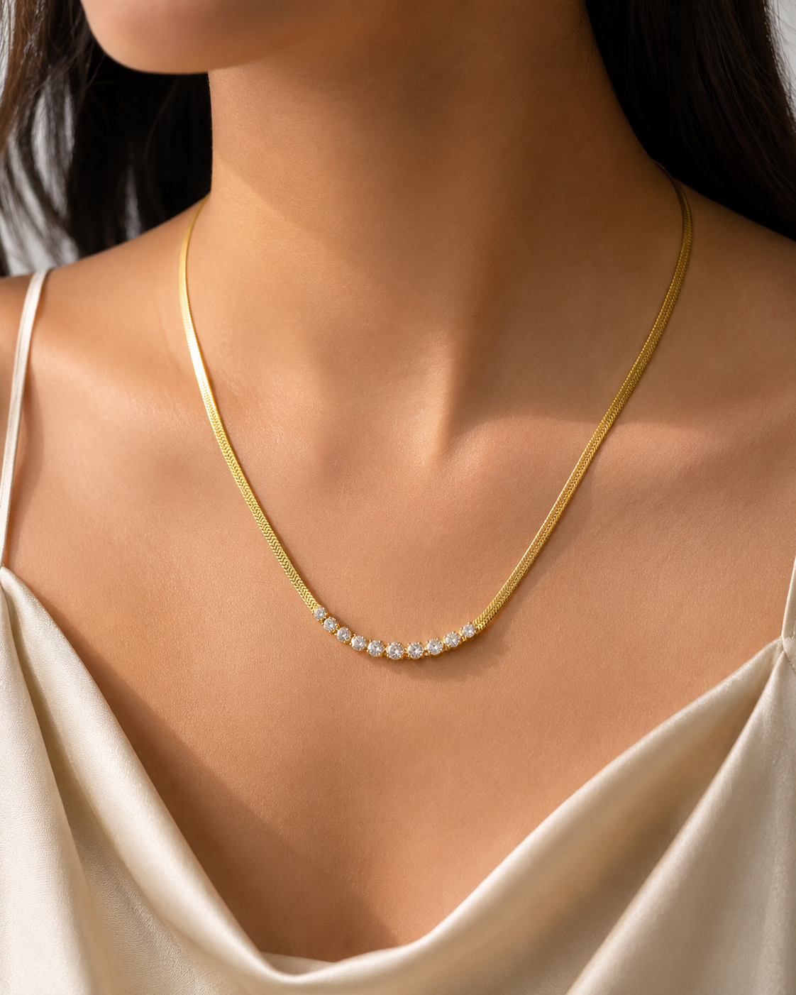 Quiet Luxury Crystal Row Herringbone Chain Necklace – 18K Gold Plated Titanium Steel with Rhinestone Inlay