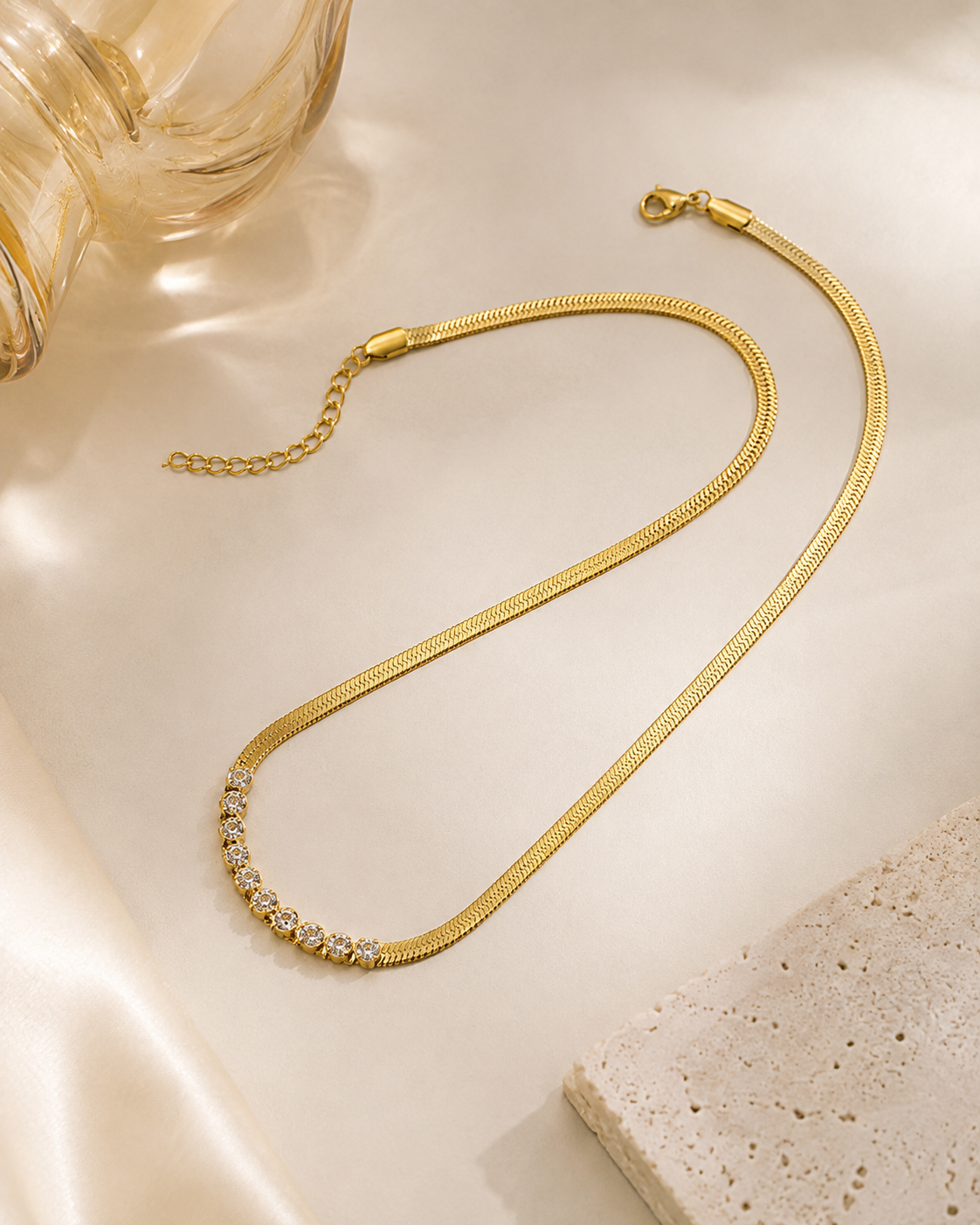 Quiet Luxury Crystal Row Herringbone Chain Necklace – 18K Gold Plated Titanium Steel with Rhinestone Inlay