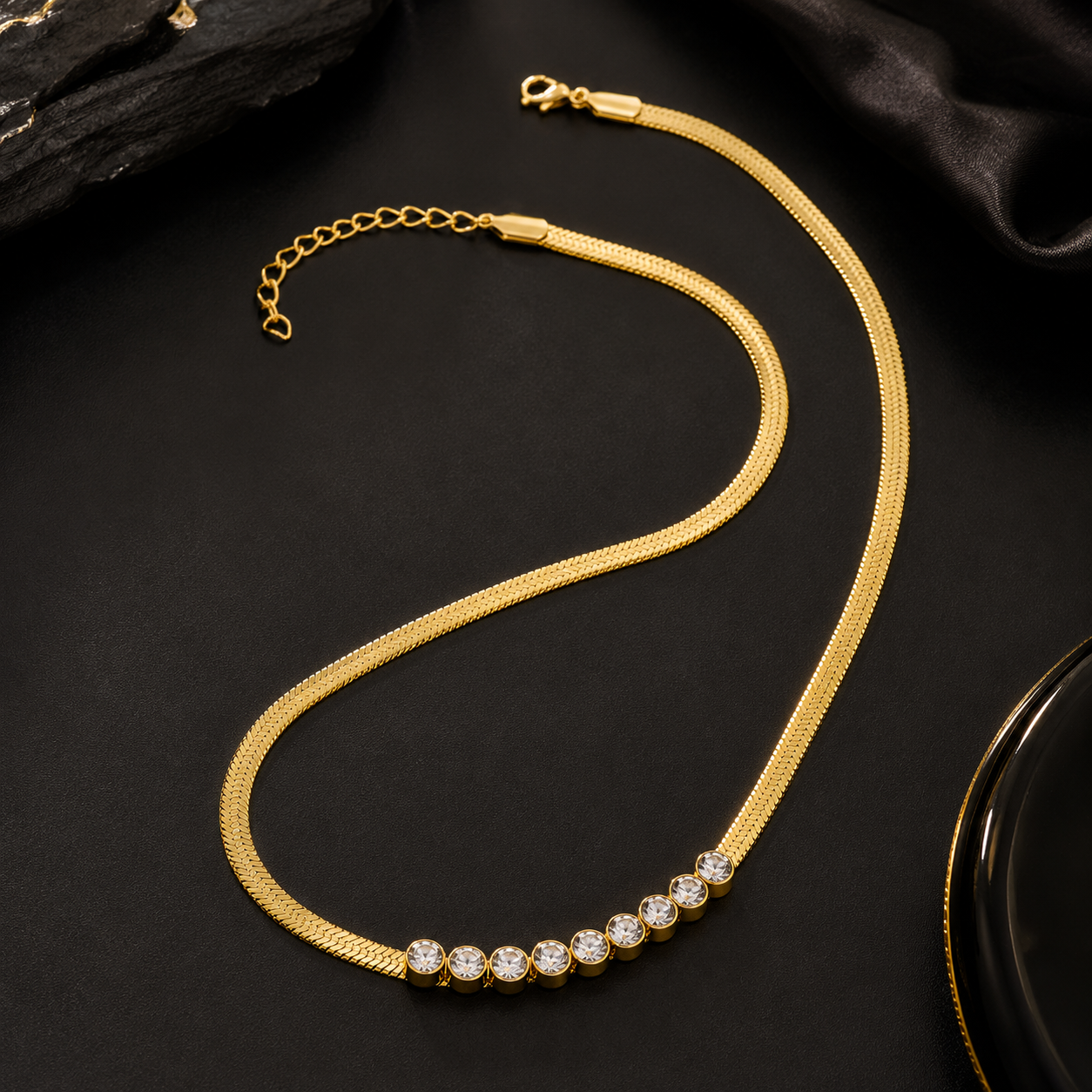 Quiet Luxury Crystal Row Herringbone Chain Necklace – 18K Gold Plated Titanium Steel with Rhinestone Inlay