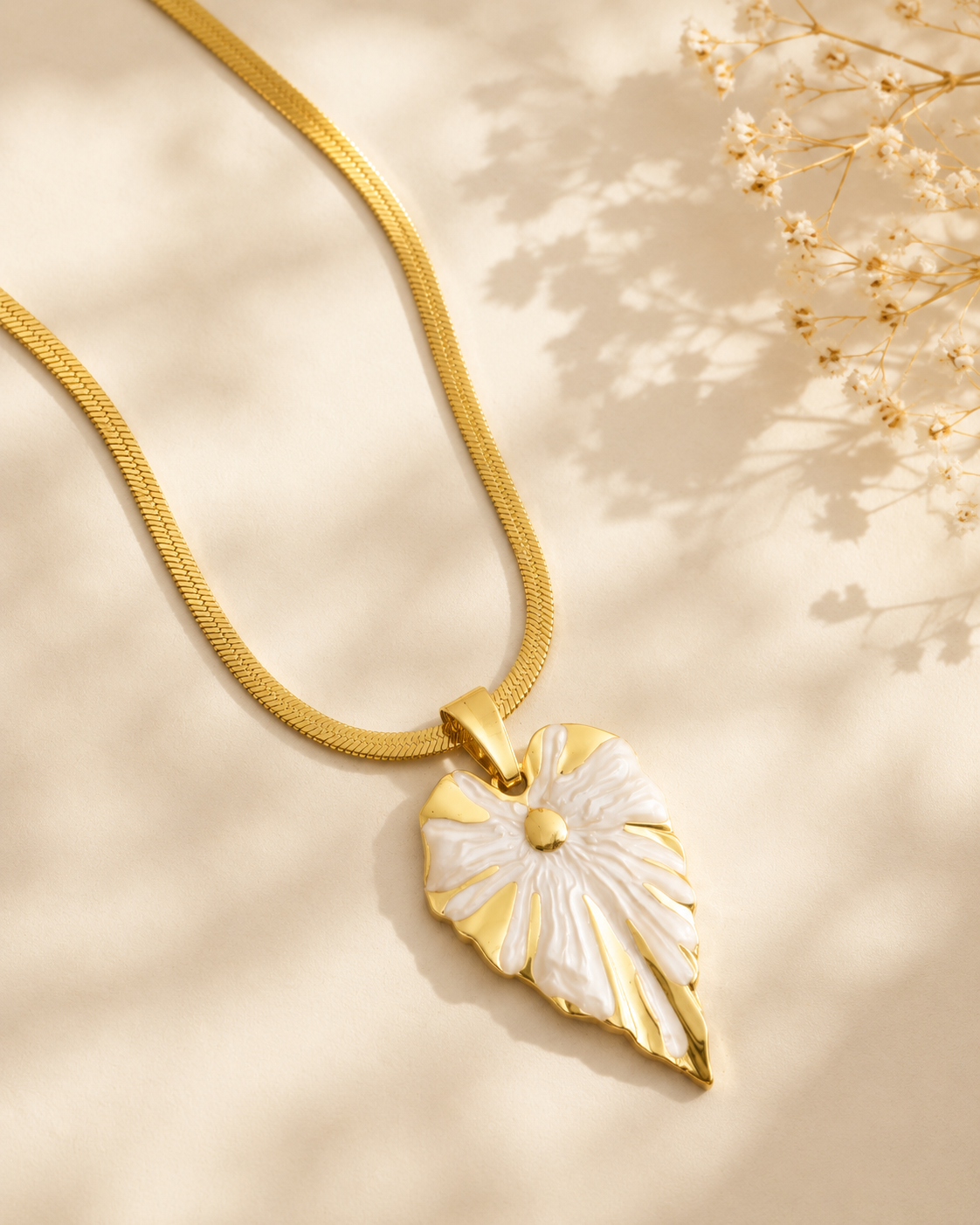 Vanilla Girl Gilded Leaf Herringbone Chain Necklace – 18K Gold Plated 304 Stainless Steel with Enamel