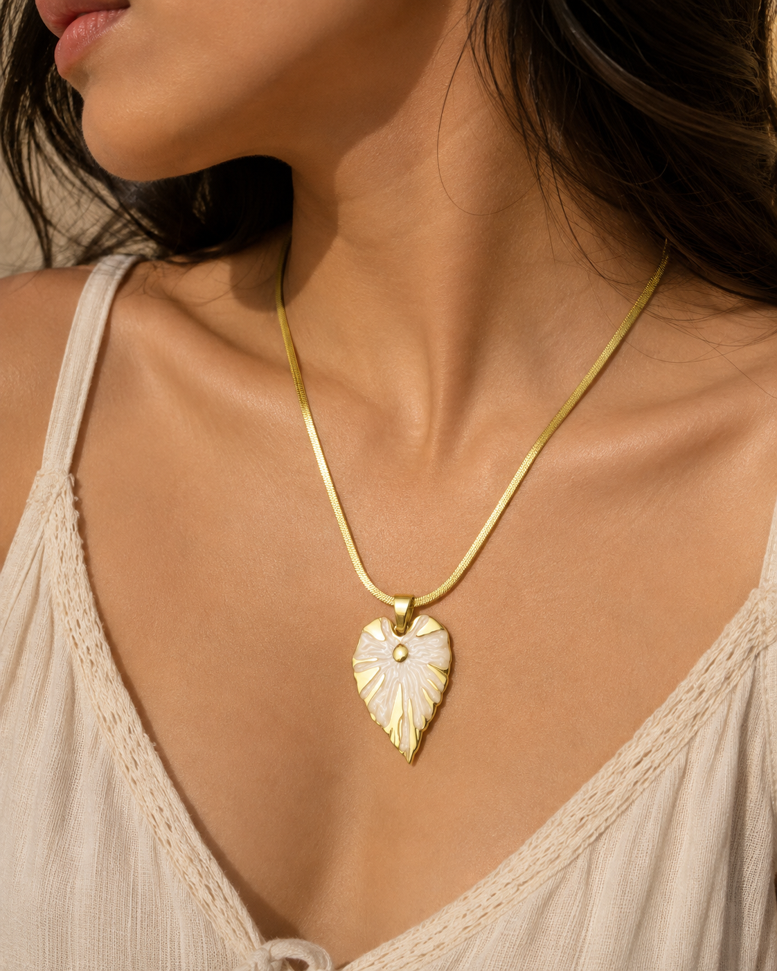 Vanilla Girl Gilded Leaf Herringbone Chain Necklace – 18K Gold Plated 304 Stainless Steel with Enamel