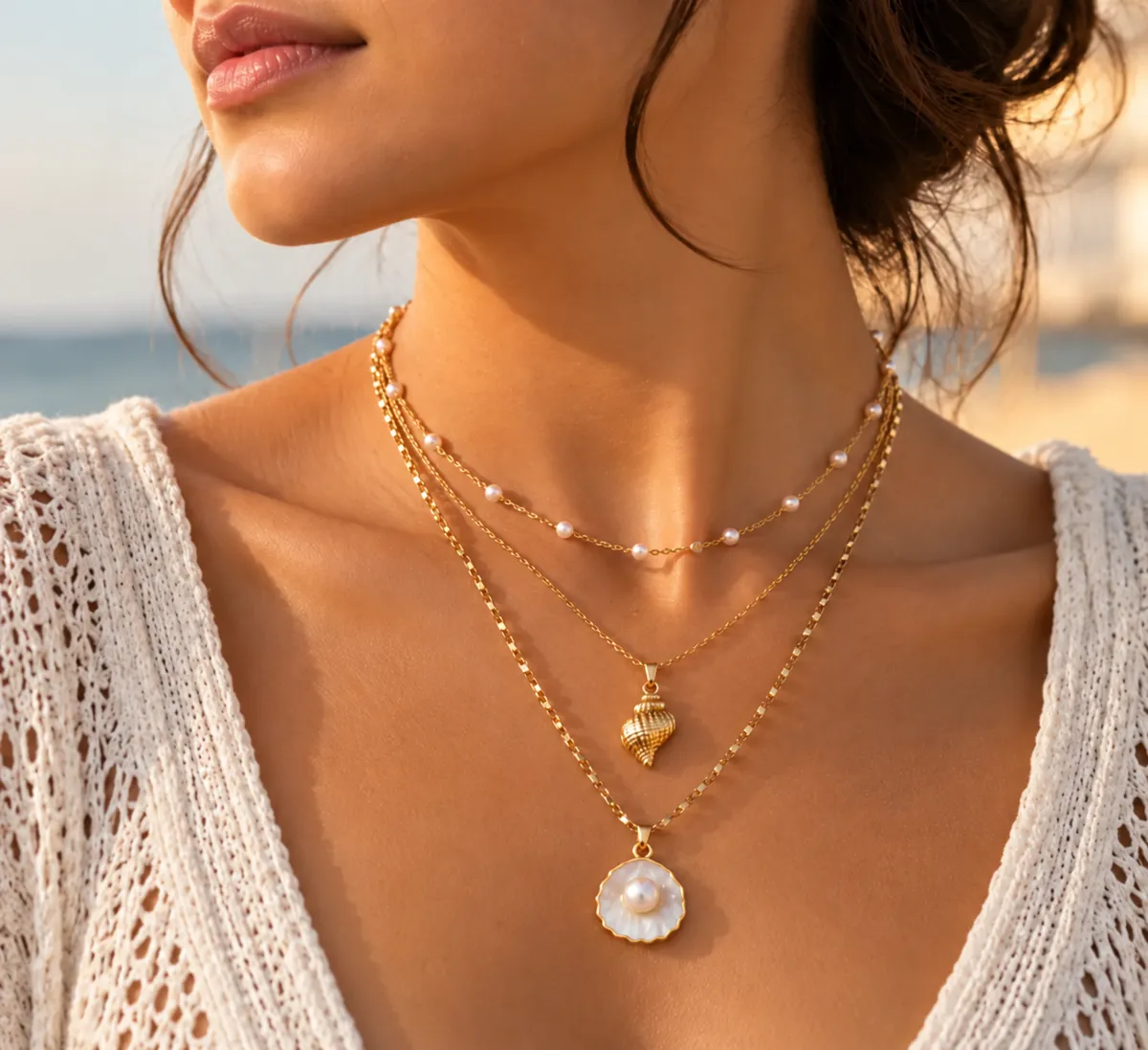 Pearl Tide Triple Layer Shell Necklace – Gold Plated