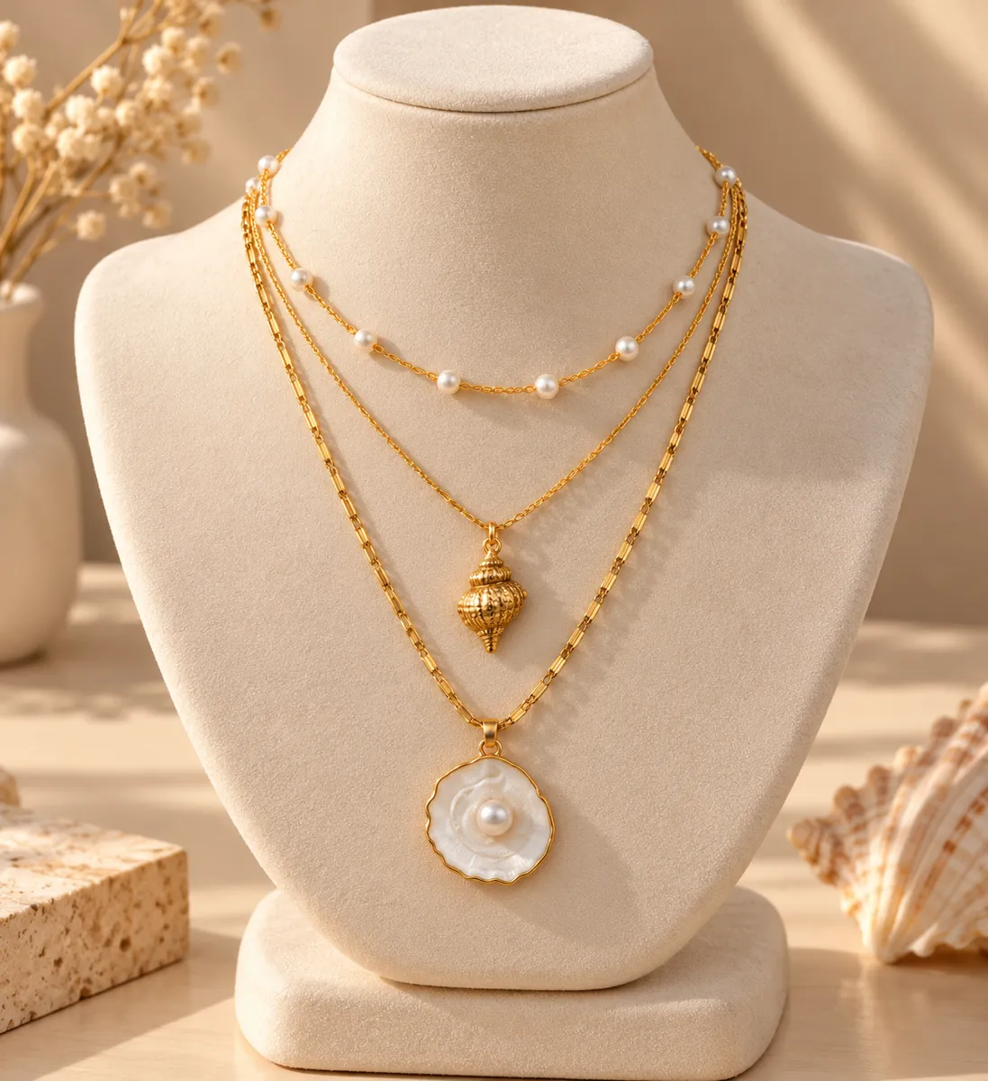 Pearl Tide Triple Layer Shell Necklace – Gold Plated