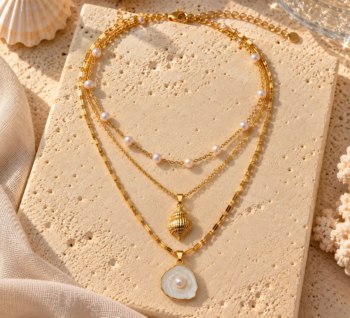 Pearl Tide Triple Layer Shell Necklace – Gold Plated
