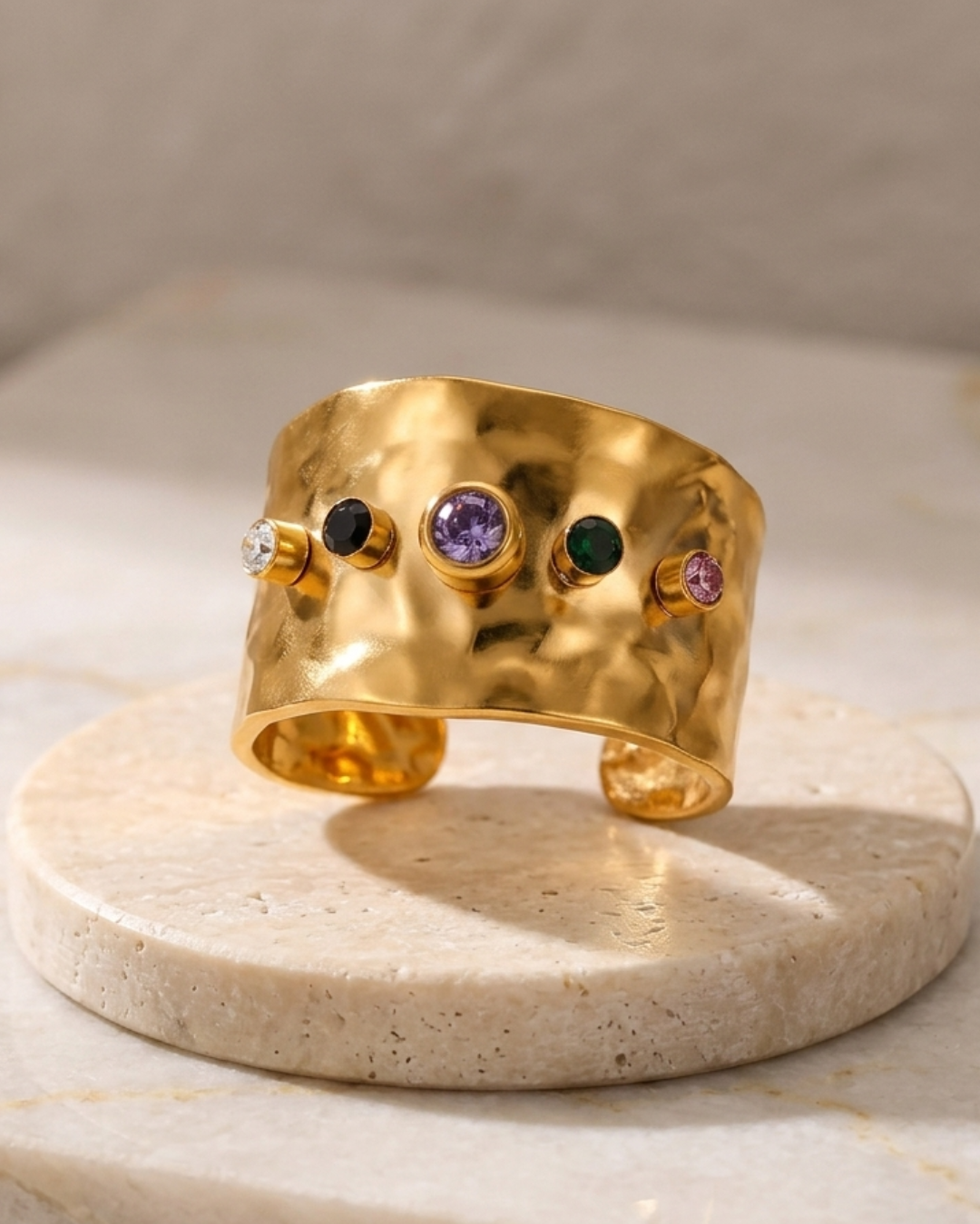 Rich Auntie Energy Hammered Zircon Cuff Ring – 18K Gold PVD Plated 304 Stainless Steel
