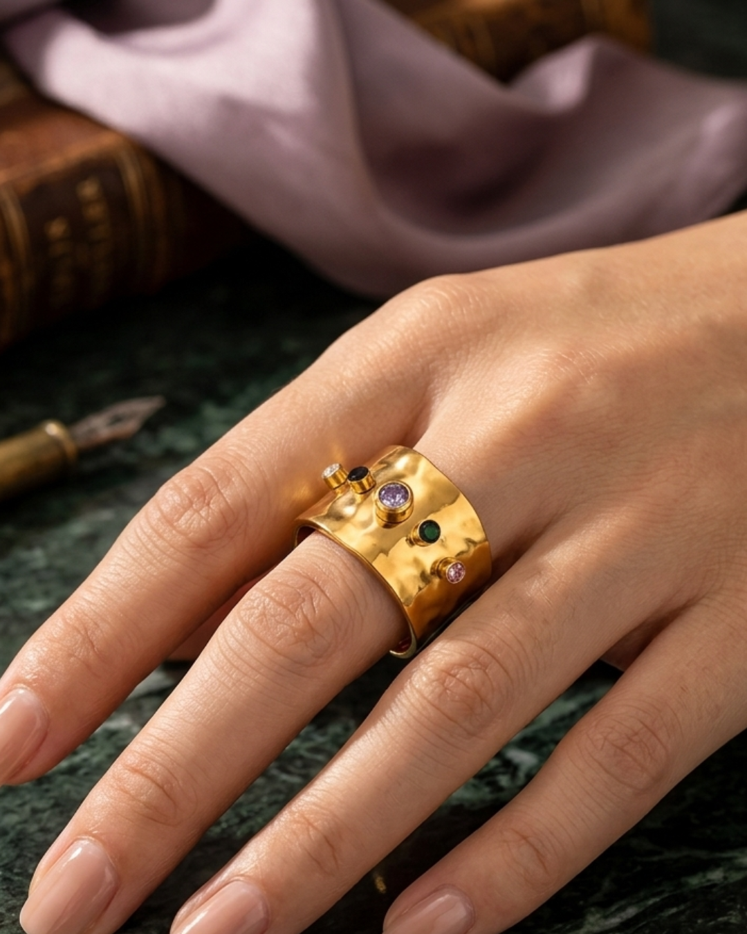 Rich Auntie Energy Hammered Zircon Cuff Ring – 18K Gold PVD Plated 304 Stainless Steel