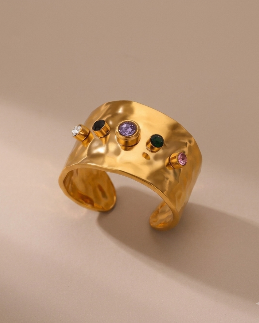 Rich Auntie Energy Hammered Zircon Cuff Ring – 18K Gold PVD Plated 304 Stainless Steel