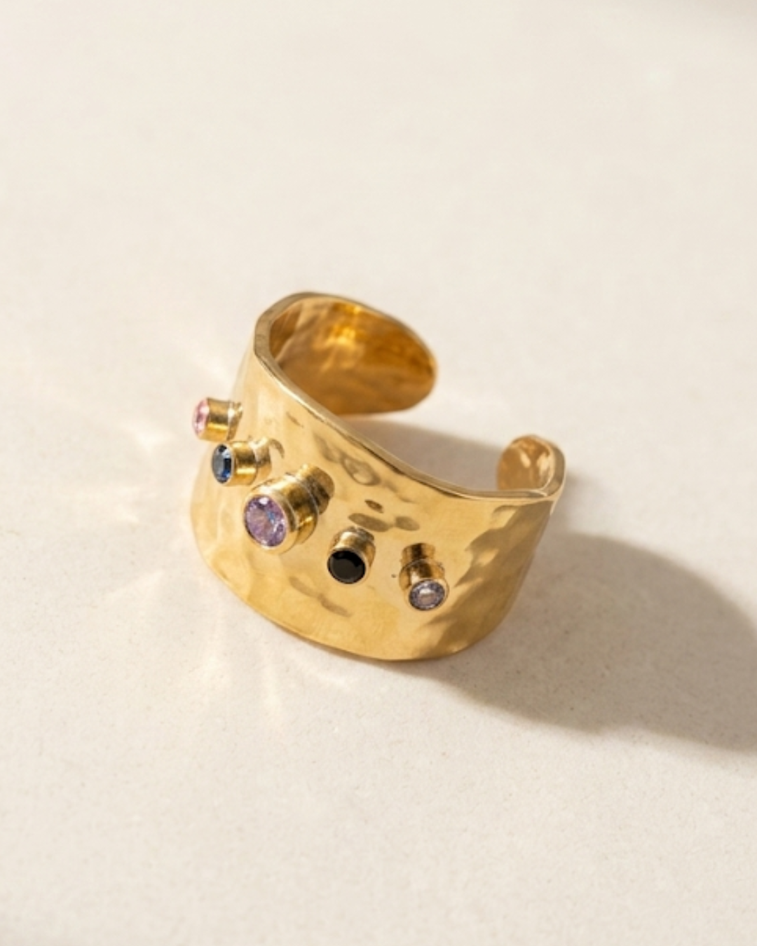 Rich Auntie Energy Hammered Zircon Cuff Ring – 18K Gold PVD Plated 304 Stainless Steel