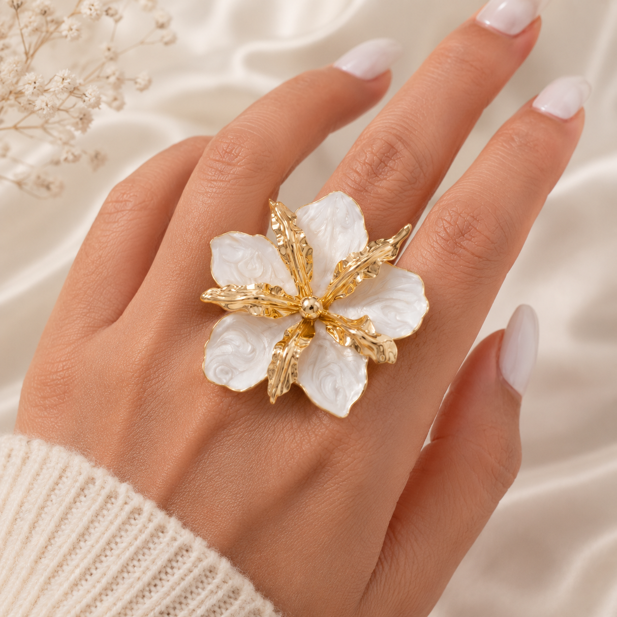 Garden Party Ivory Bloom Statement Ring – Enamel Petals on Gold-Tone Metal