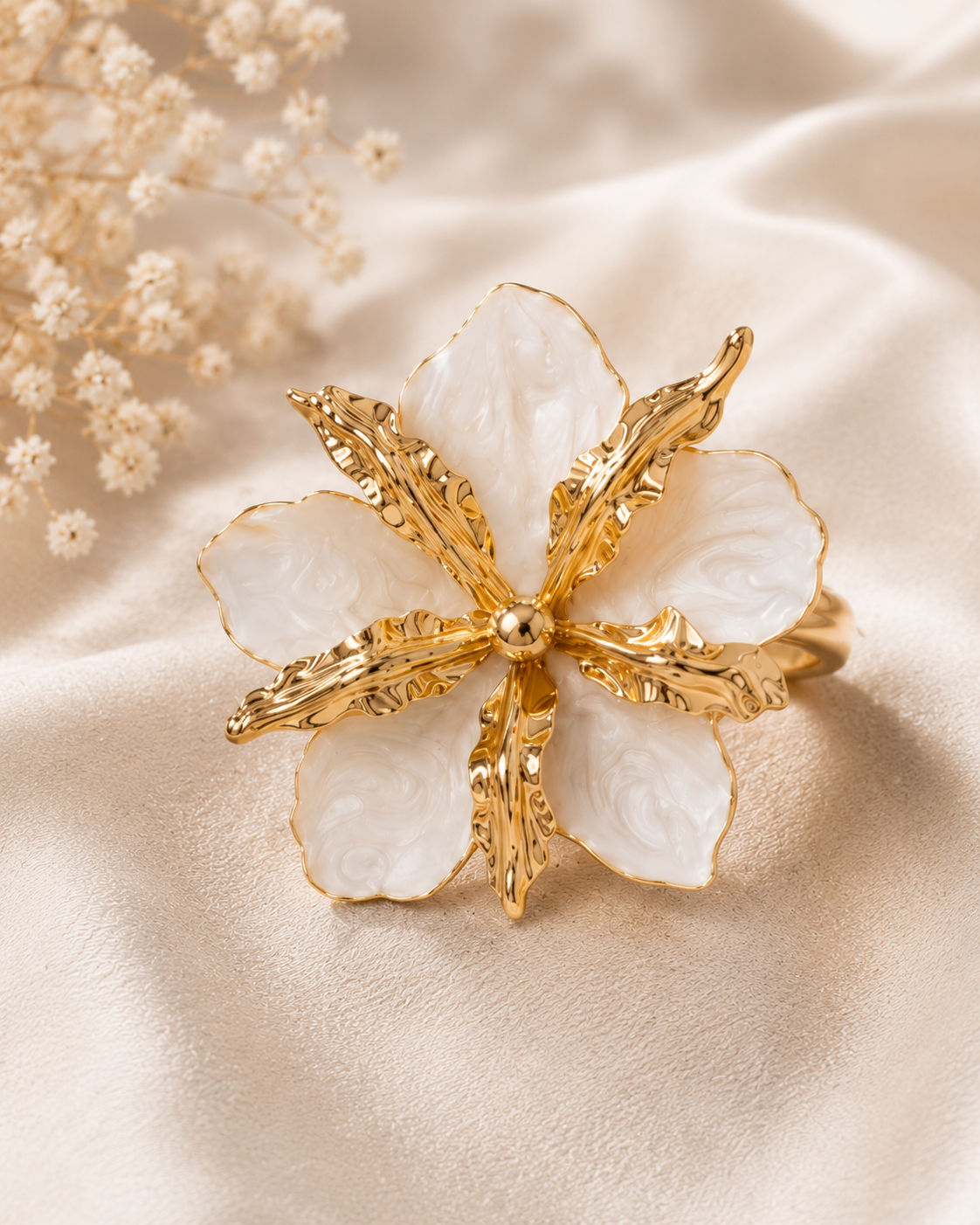 Garden Party Ivory Bloom Statement Ring – Enamel Petals on Gold-Tone Metal