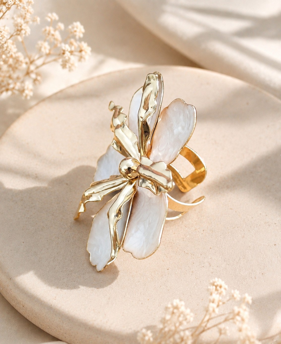 Garden Party Ivory Bloom Statement Ring – Enamel Petals on Gold-Tone Metal