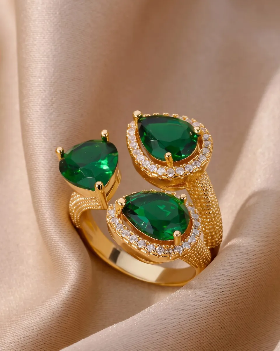 Evergreen Trio Statement Ring – PVD Gold Plated 304 Stainless Steel with Cubic Zirconia Inlay | Waterproof & Anti-Tarnish