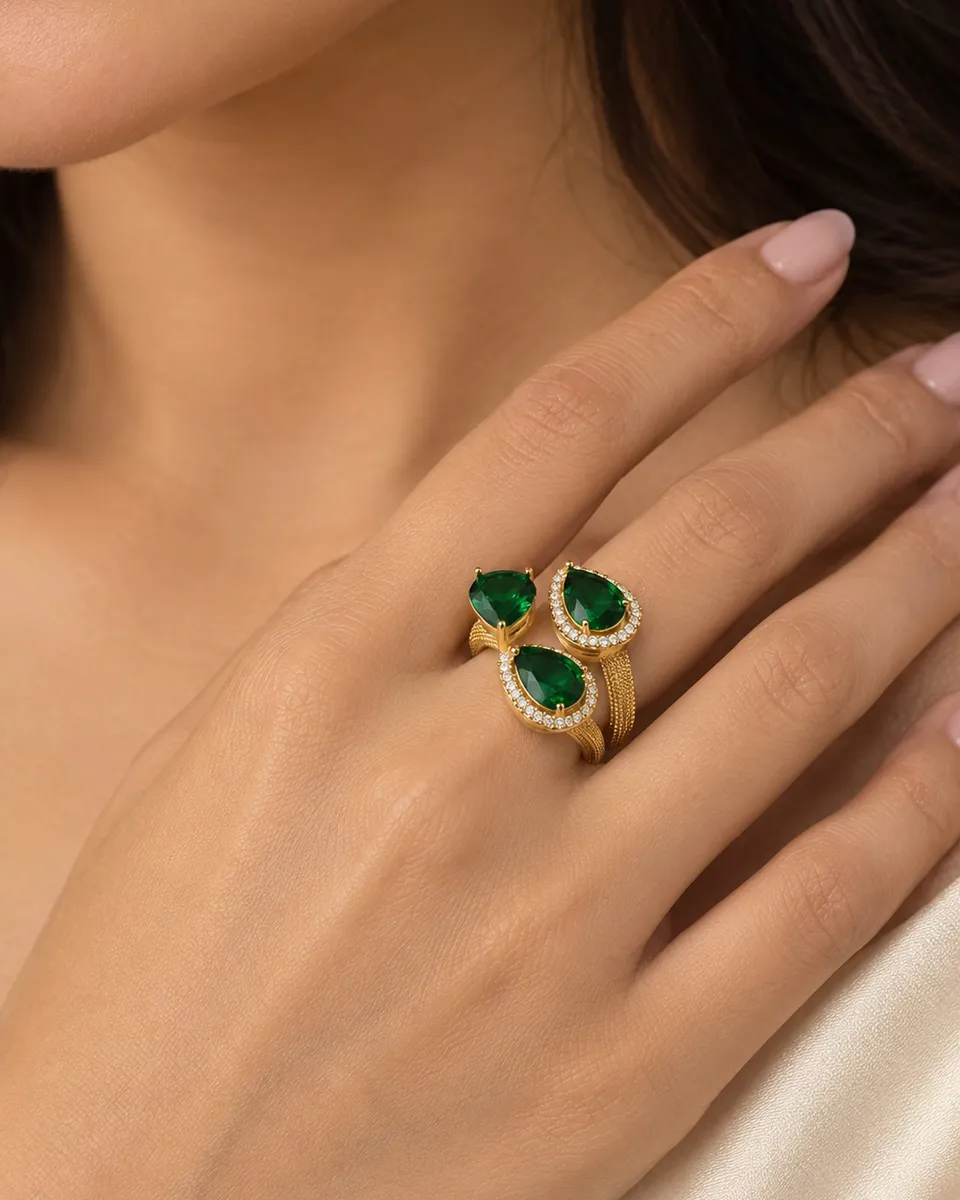 Evergreen Trio Statement Ring – PVD Gold Plated 304 Stainless Steel with Cubic Zirconia Inlay | Waterproof & Anti-Tarnish