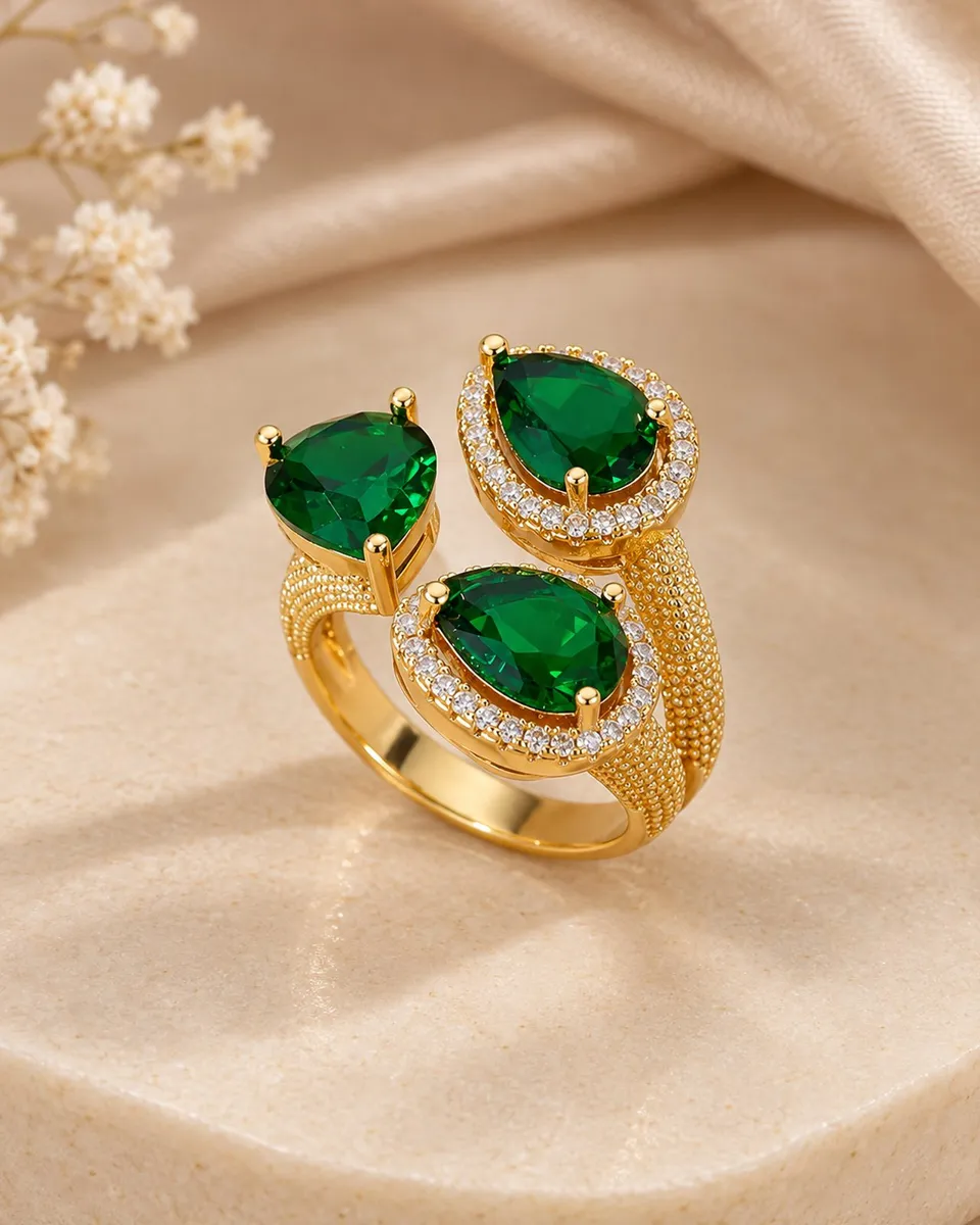 Evergreen Trio Statement Ring – PVD Gold Plated 304 Stainless Steel with Cubic Zirconia Inlay | Waterproof & Anti-Tarnish