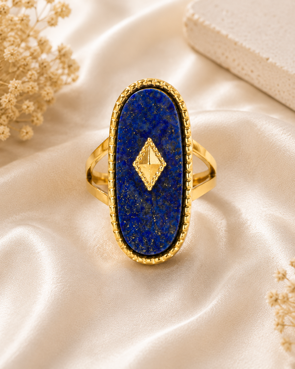 Blue Blood Lapis Oval Statement Ring – PVD Gold Plated 304 Stainless Steel with Natural Stone