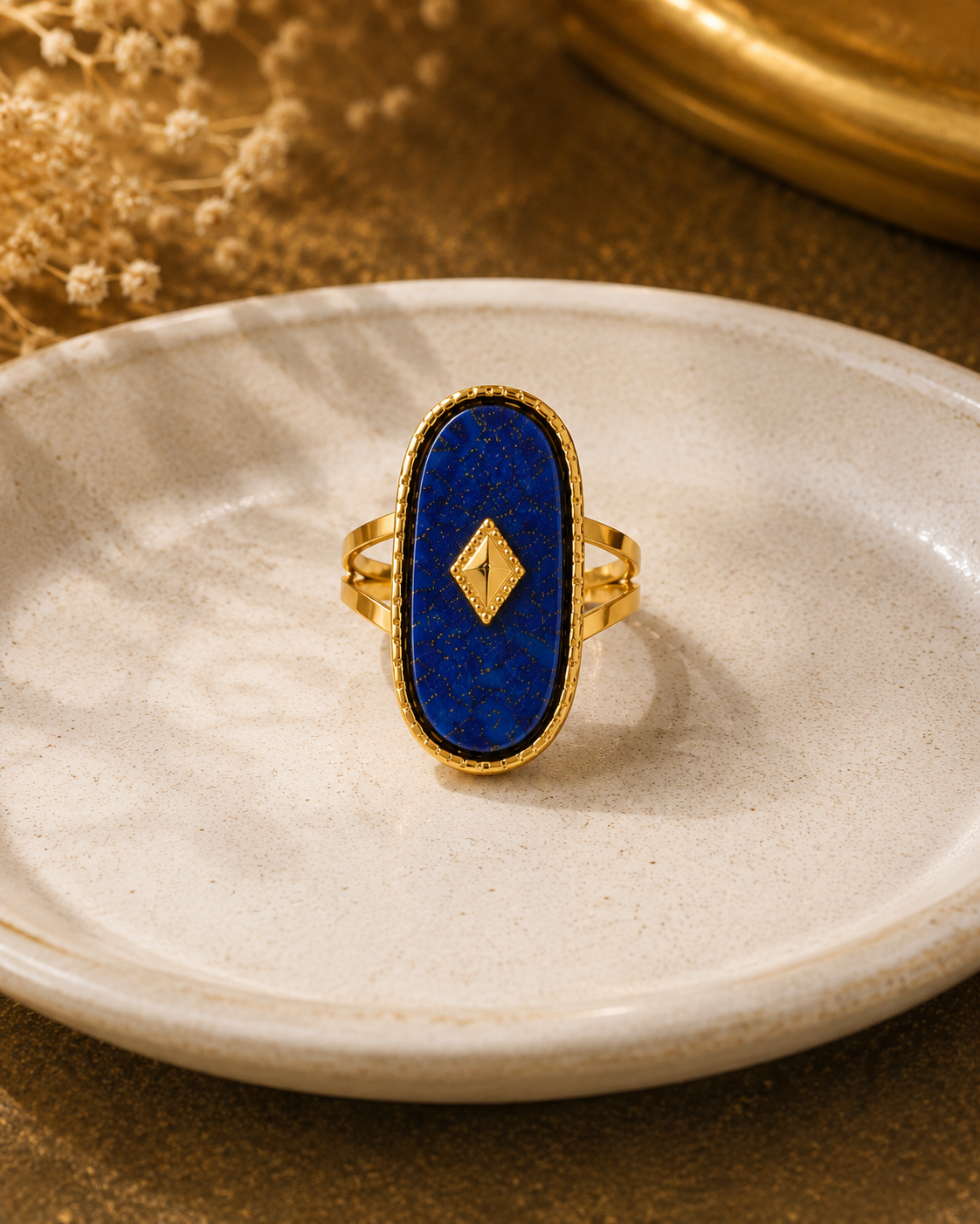 Blue Blood Lapis Oval Statement Ring – PVD Gold Plated 304 Stainless Steel with Natural Stone
