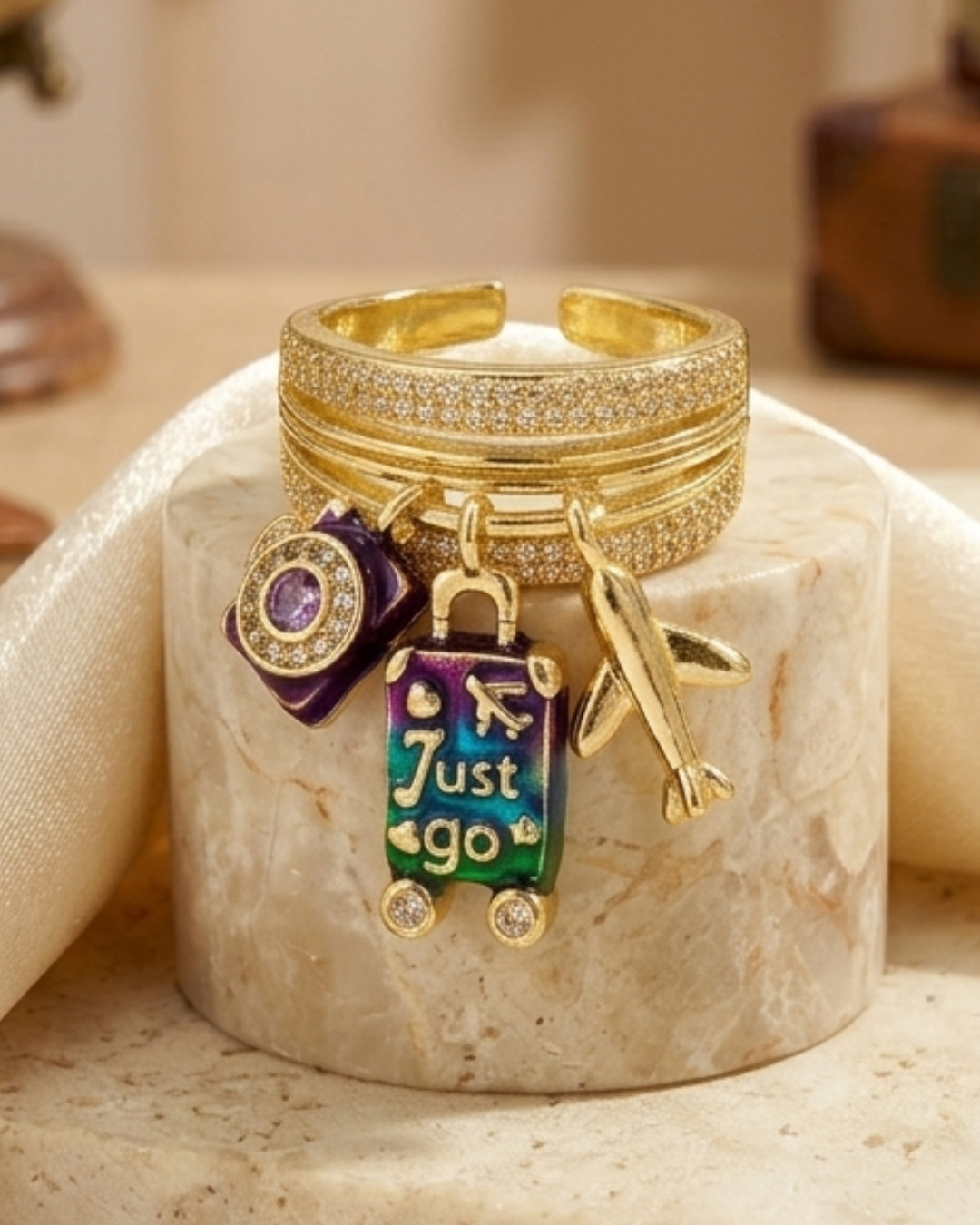 Catch Flights Not Feelings Travel Charm Ring – 18K Gold Plated Copper with Enamel & Zircon Charms