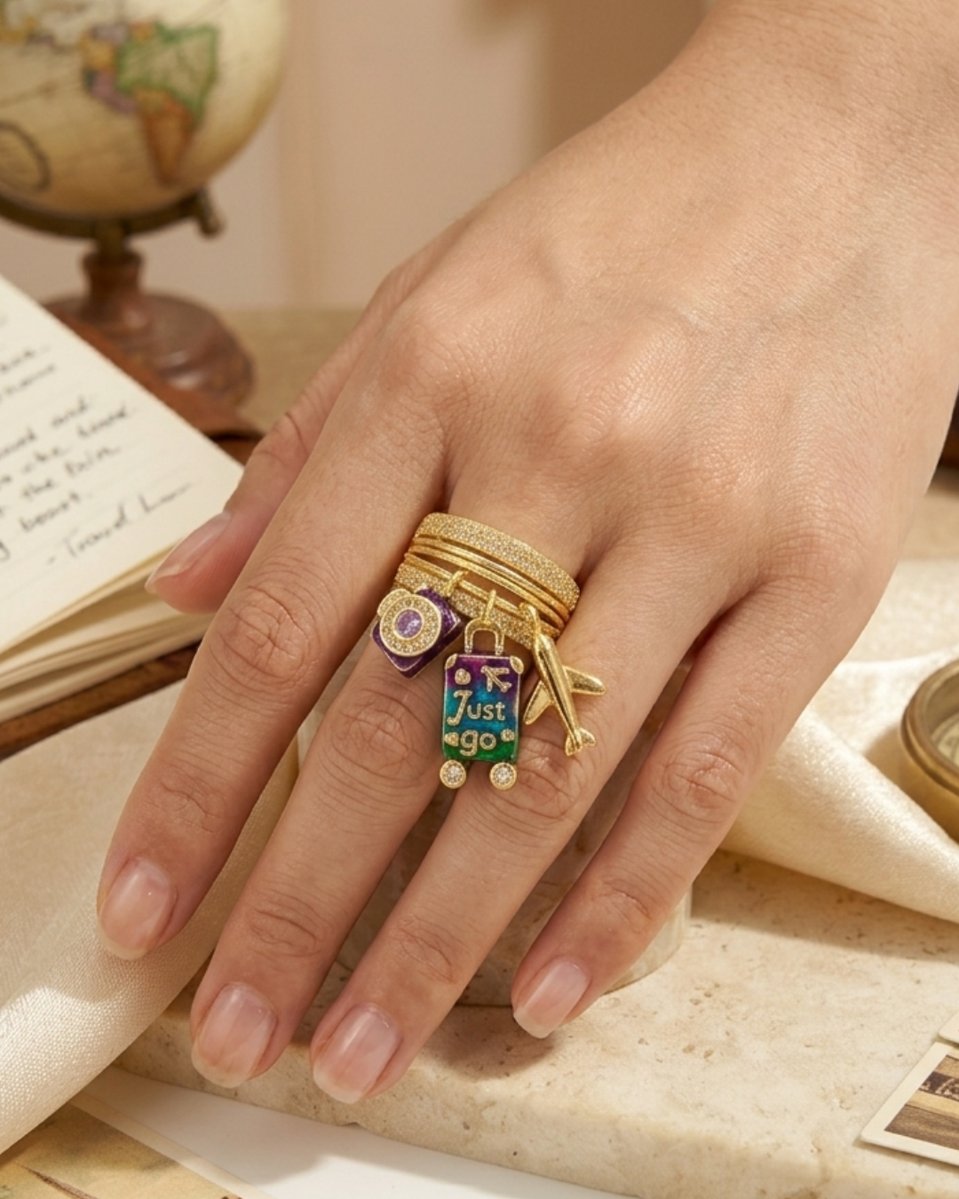 Catch Flights Not Feelings Travel Charm Ring – 18K Gold Plated Copper with Enamel & Zircon Charms