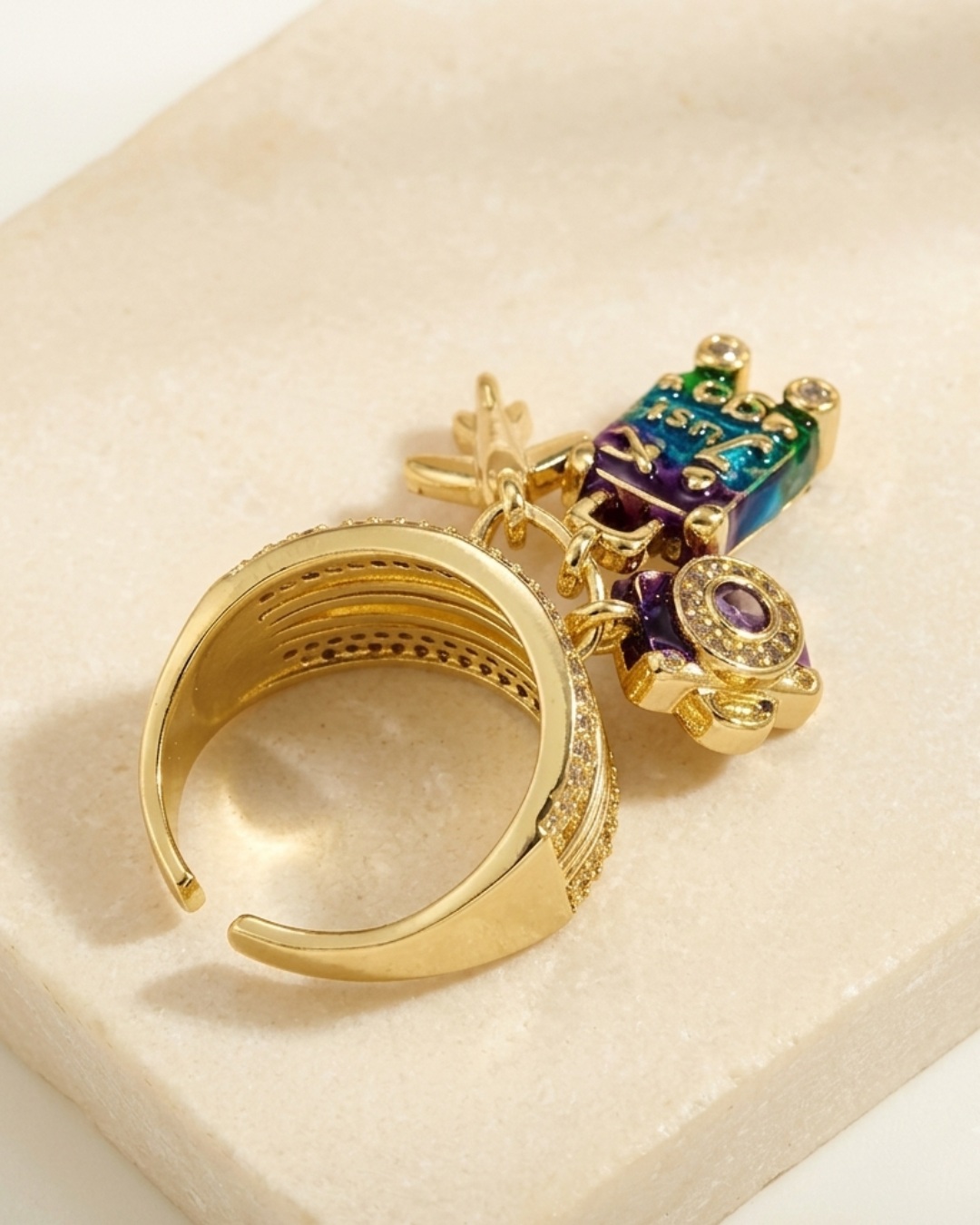Catch Flights Not Feelings Travel Charm Ring – 18K Gold Plated Copper with Enamel & Zircon Charms