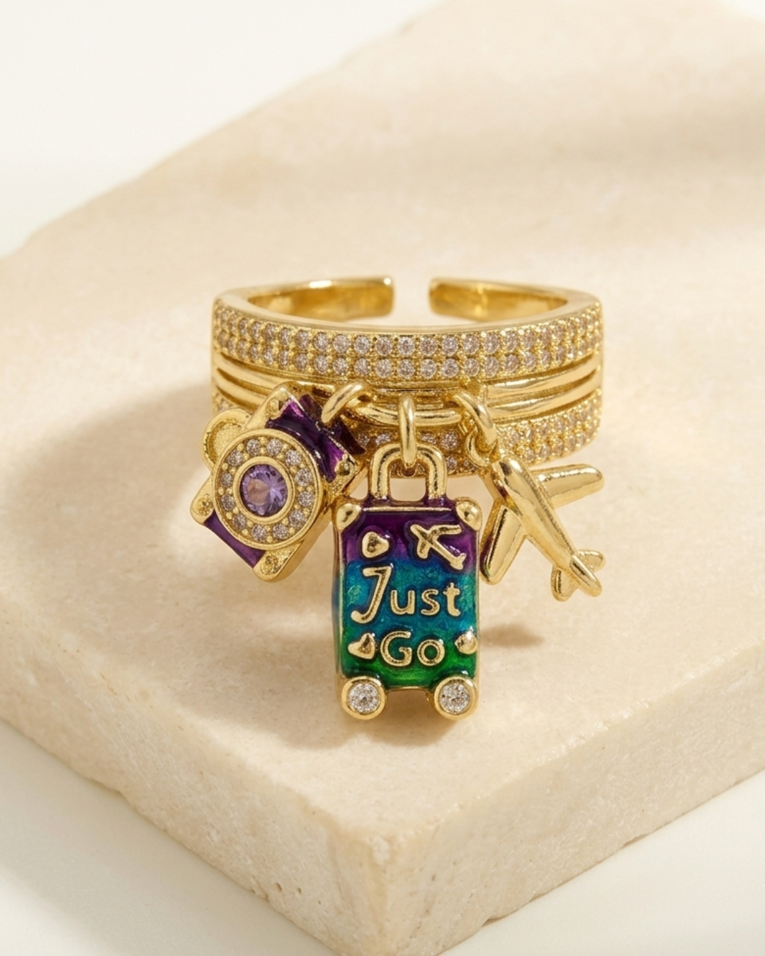 Catch Flights Not Feelings Travel Charm Ring – 18K Gold Plated Copper with Enamel & Zircon Charms