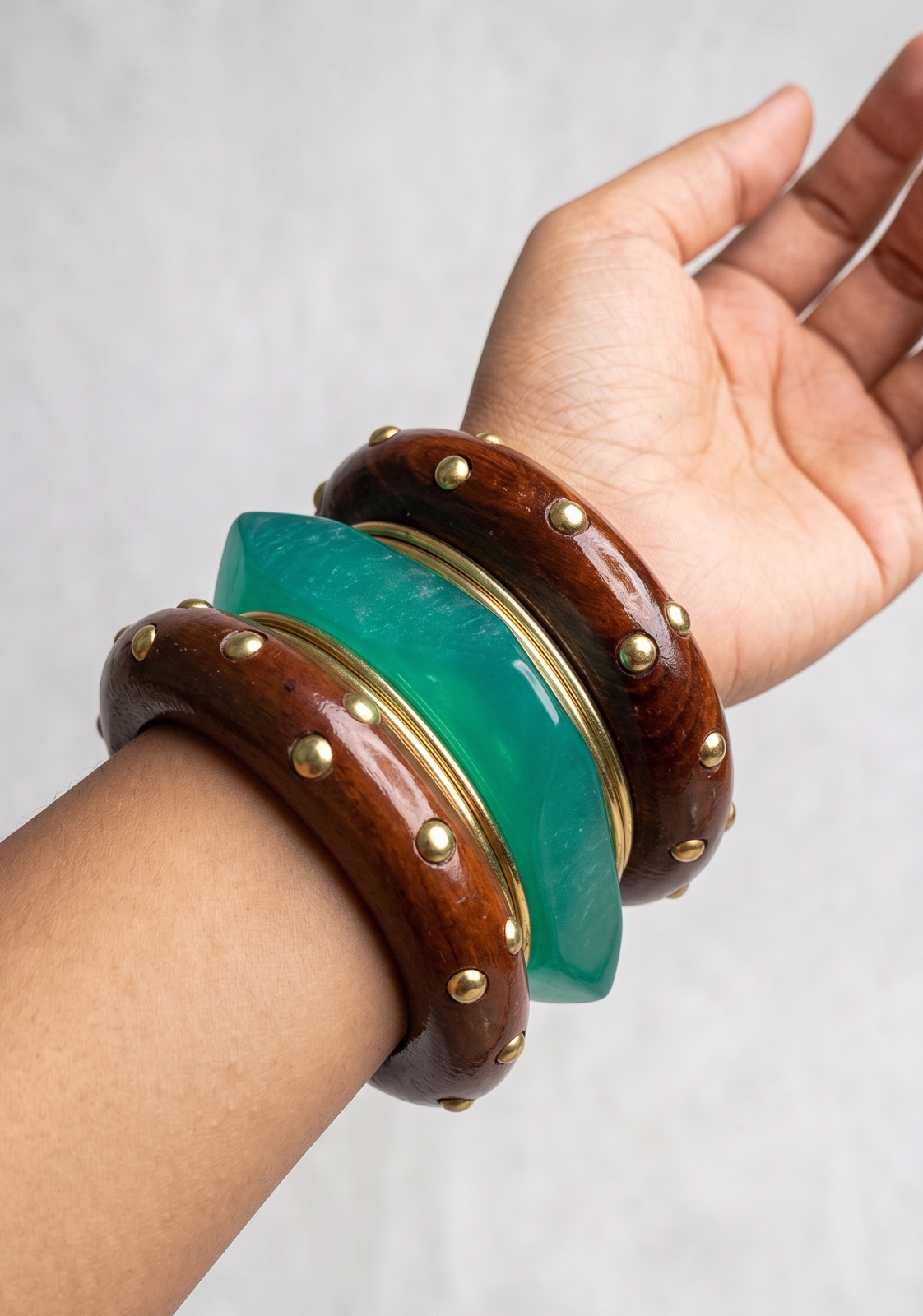 Midnight Teal Inlaid Wood Resin Bangle Set